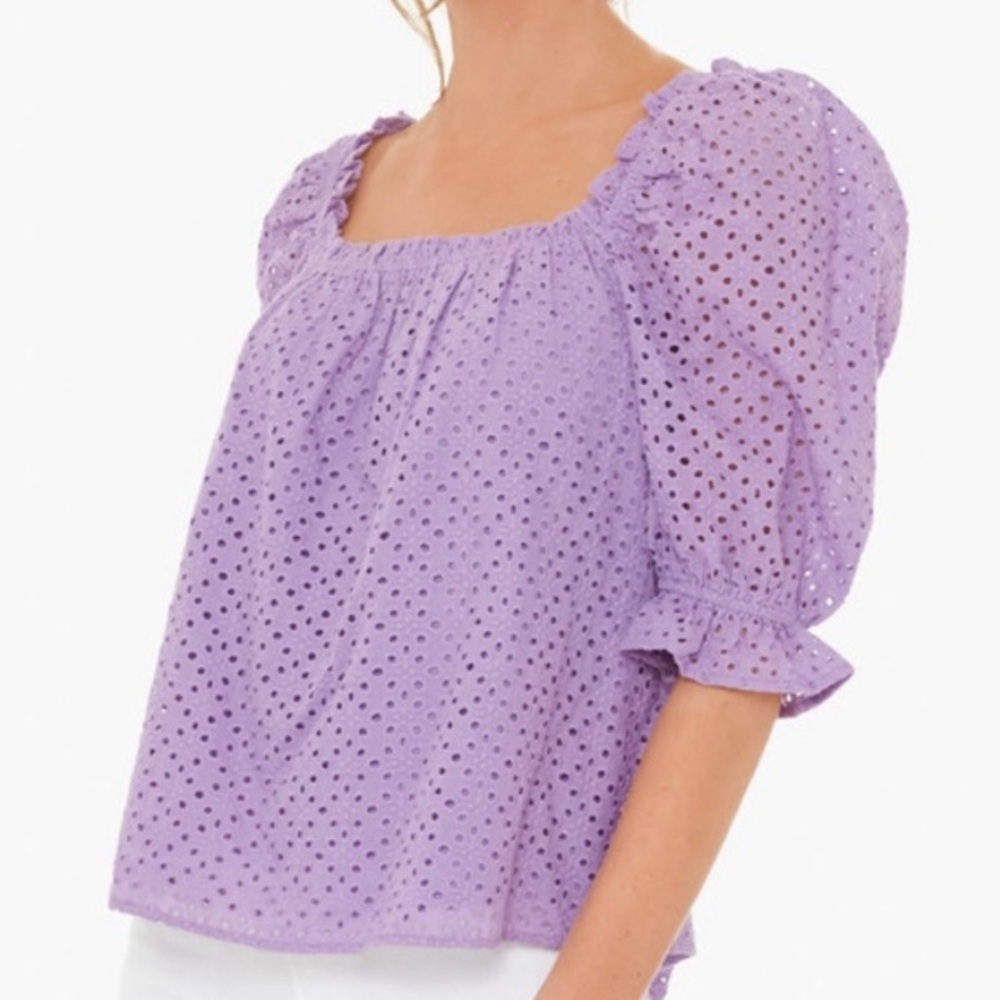 POMANDER PLACE x Tuckernuck Eyelet Iris Blouse in Lavender Sz XS Puff Sleeves